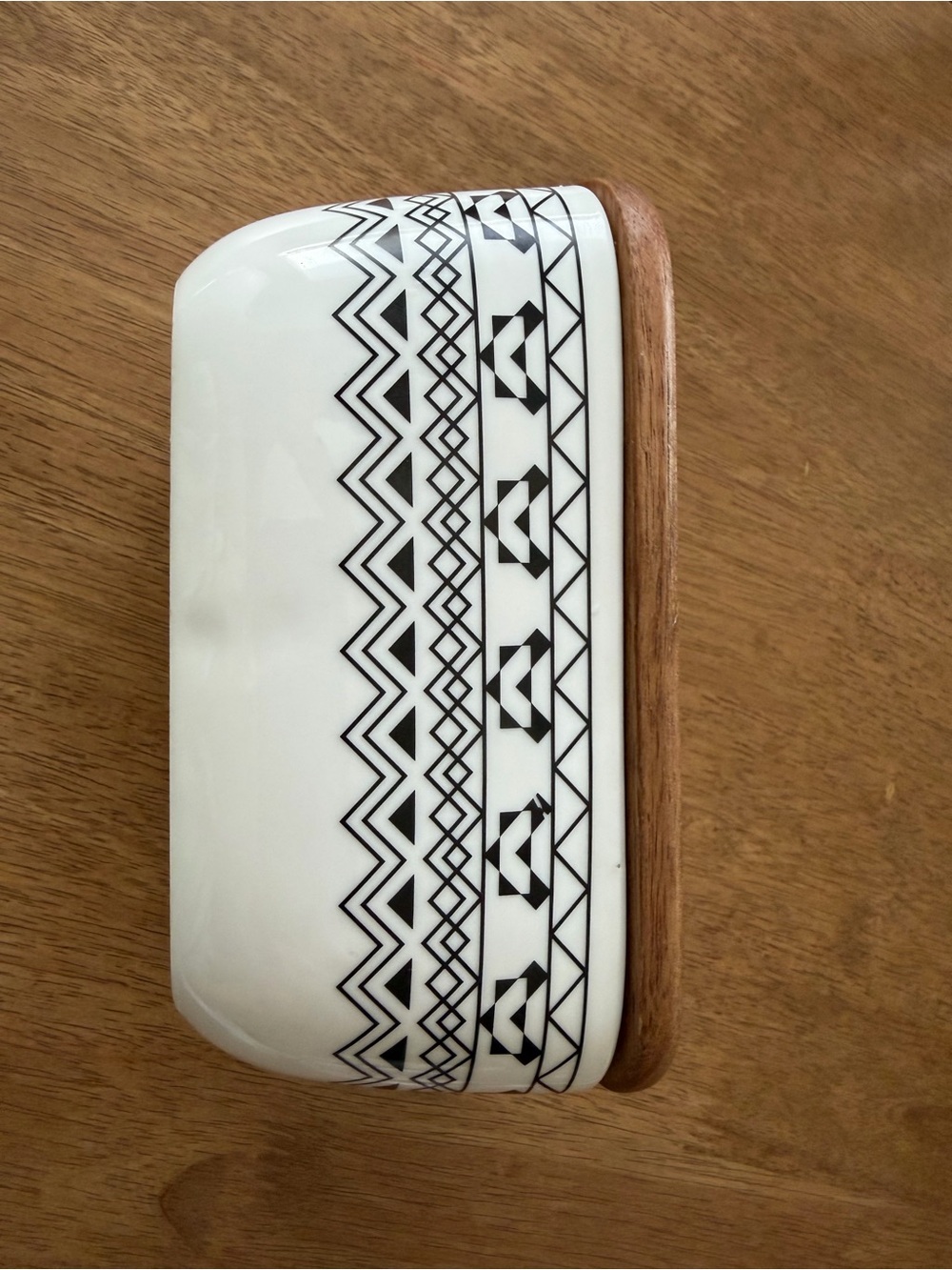 Ceramic Butter Dish with Black Geometric Pattern and Wooden Lid